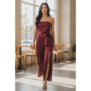 Luxxel Burgundy Satin Jumpsuit with Front Leg Slits Size Small NWT